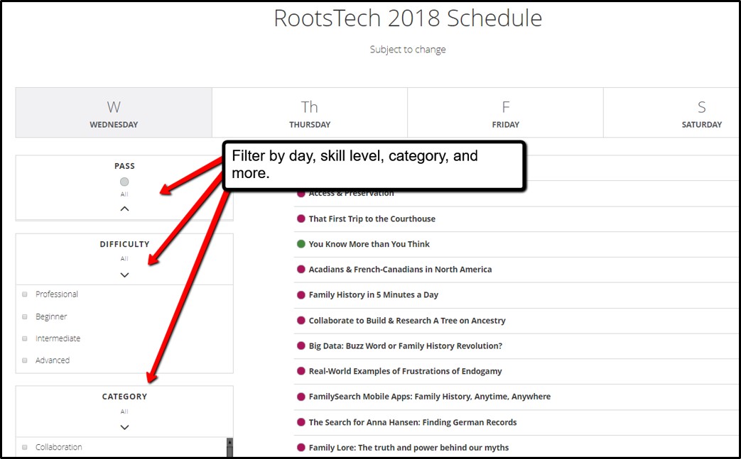 RootsTech 2018 class schedule filters