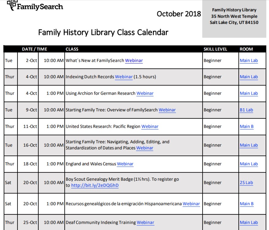 free genealogy webinars from Family History Library
