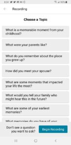 Choose an interview topic from FamilySearch Memories App